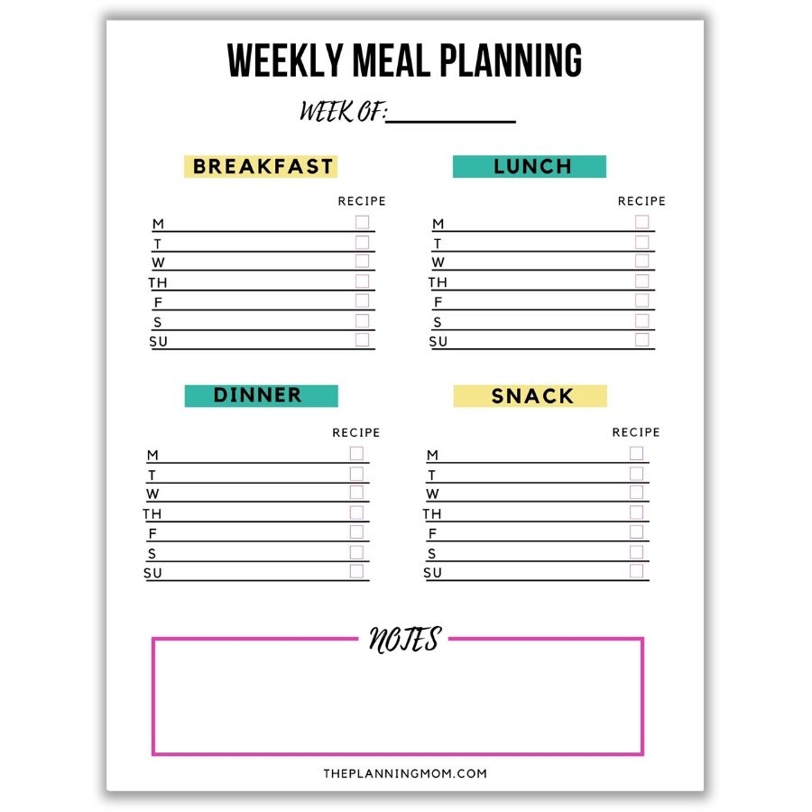Easy Free Weekly Meal And Snack Planner Template The Planning Mom