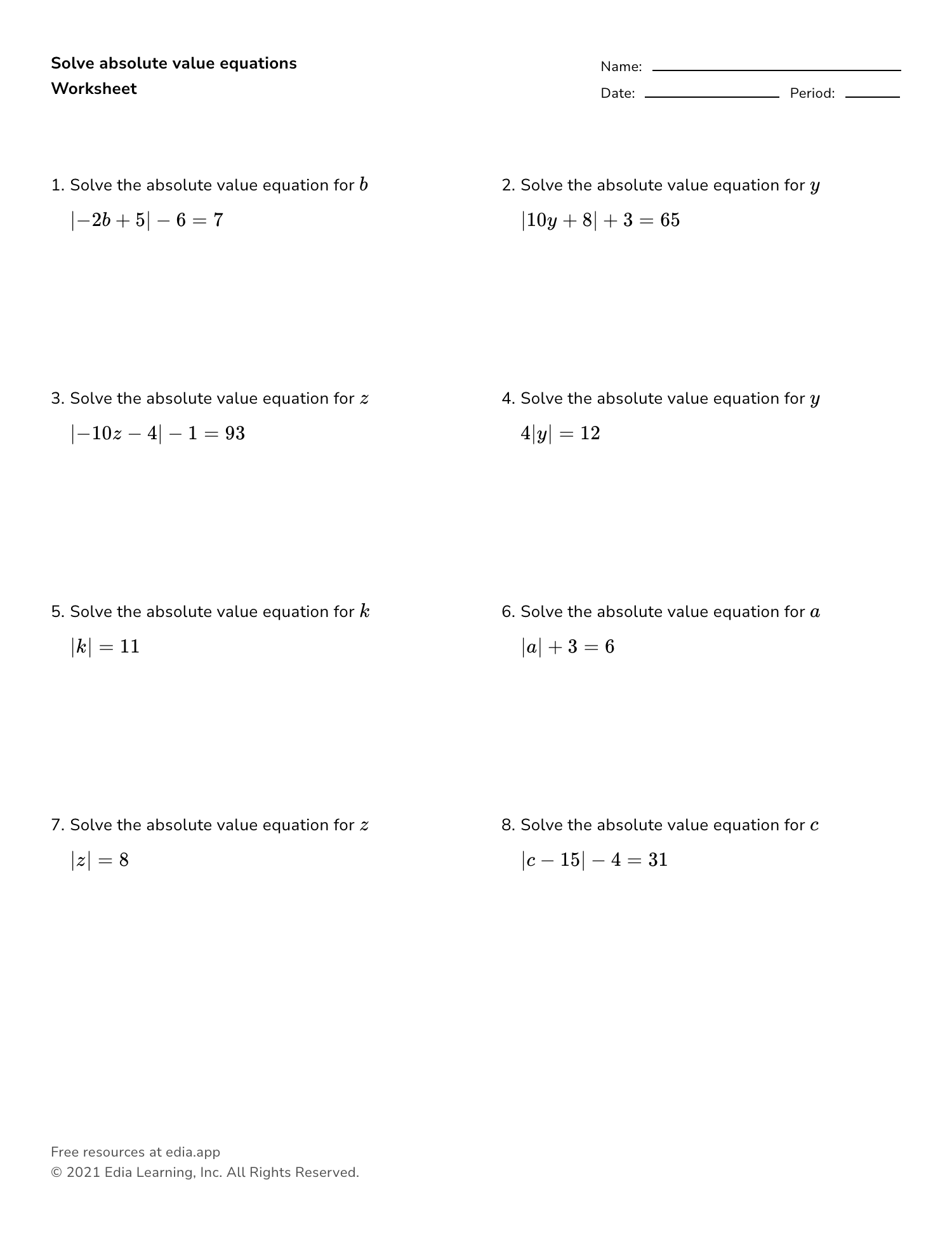 Edia AI Platform For Student Outcomes Eighth Grade Absolute Value Worksheet