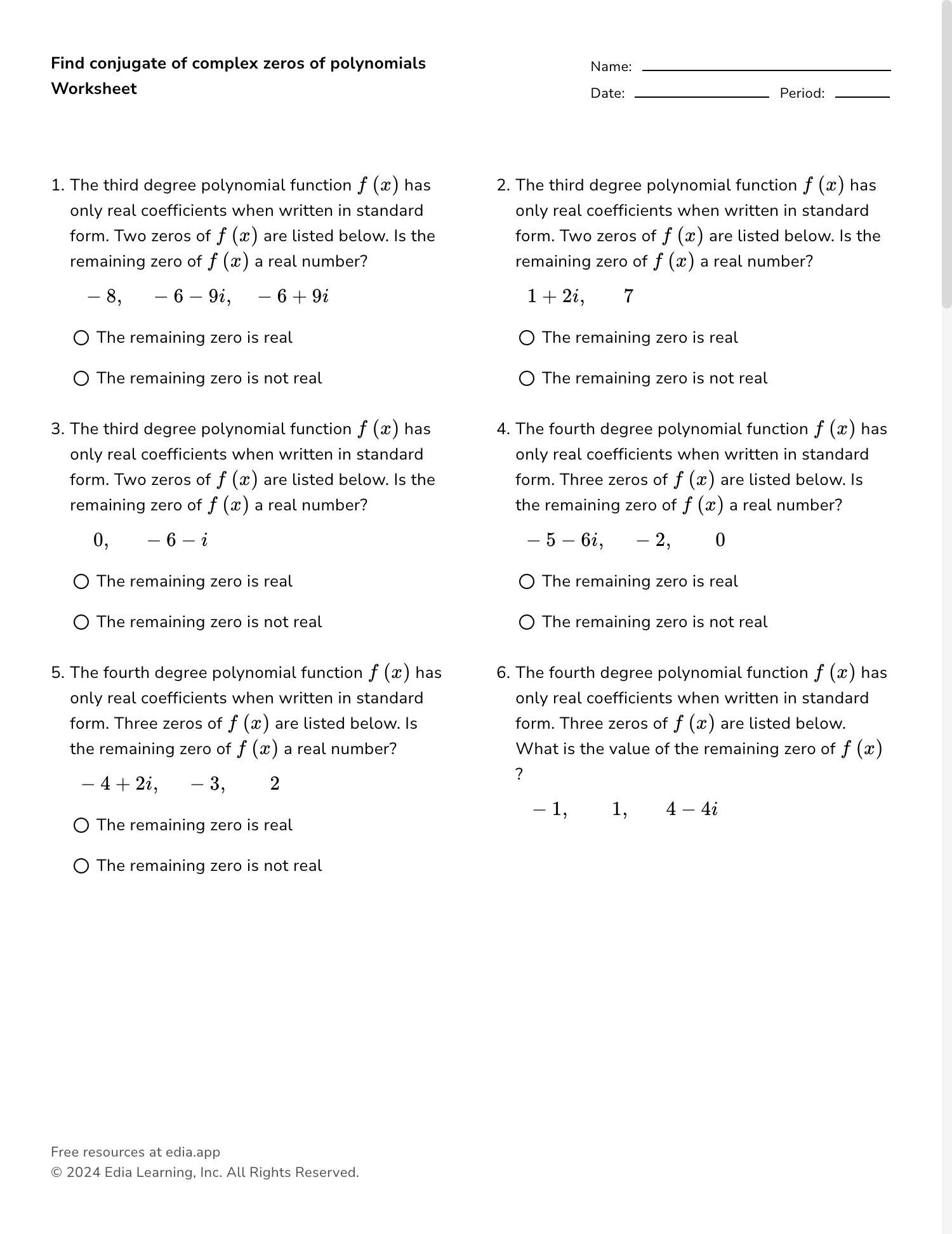 Quiz Worksheet Complex Zeros Of Polynomials Study
