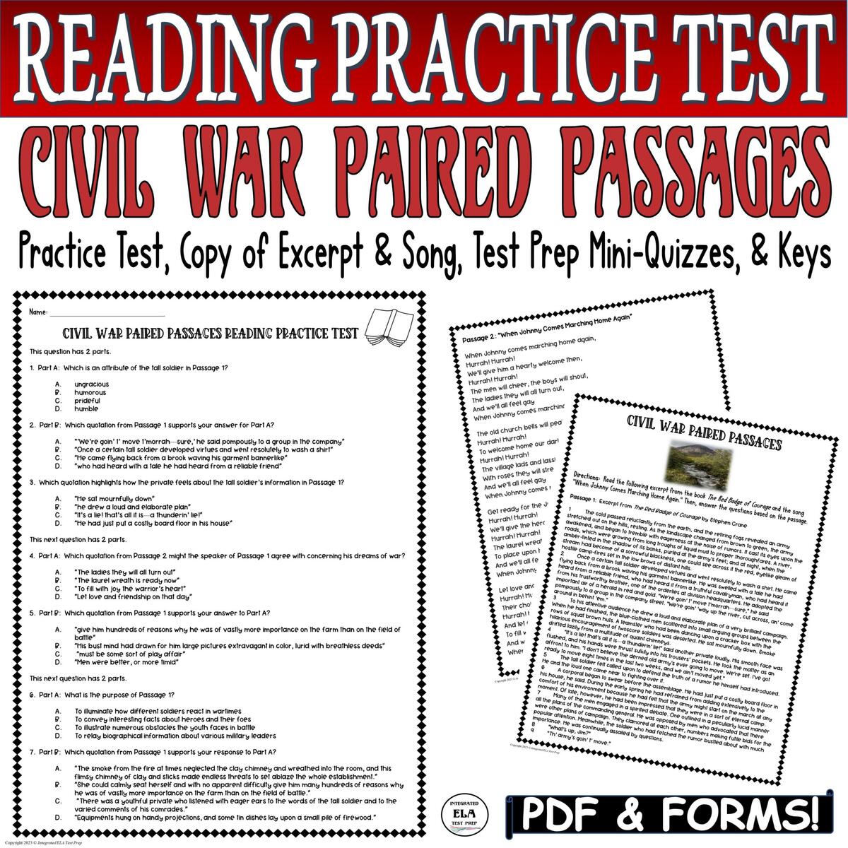 ELA Test Prep PRACTICE TEST Paired Passages With Questions Reading Comprehension Made By Teachers