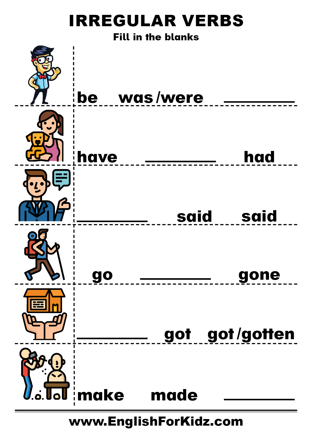 English For Kids Step By Step Irregular Verbs Exercises And Worksheets Regular And Irregular Simple Past Tense Verbs Worksheets For Grade 1 2 3 Made By Teachers