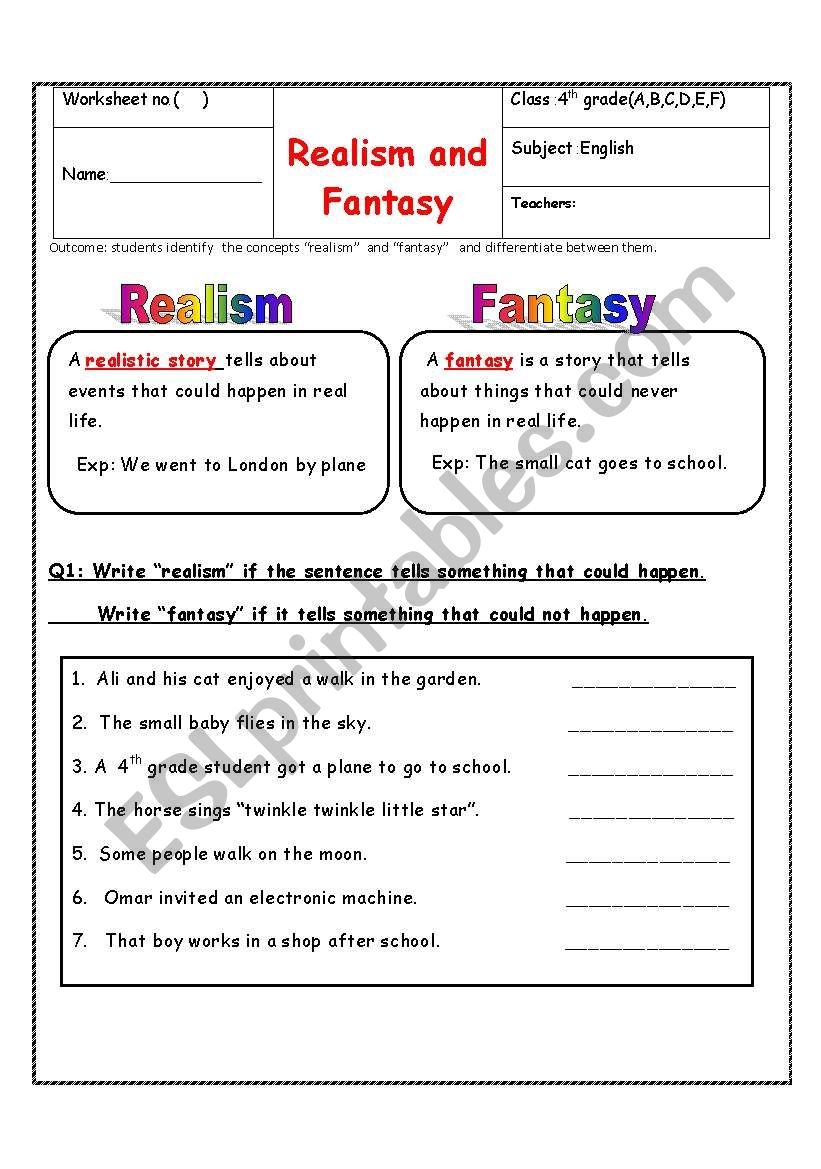 English Worksheets Realism Fantasy Worksheets Library