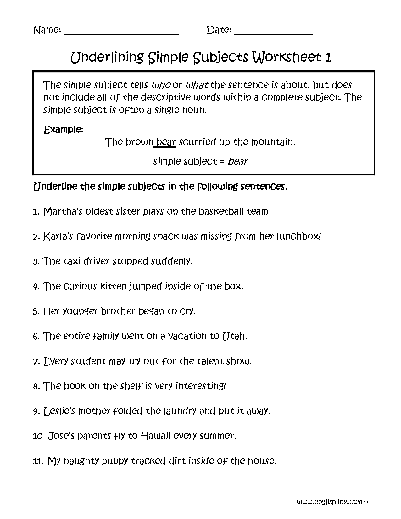 Englishlinx Subject And Predicate Worksheets Simple Subjects Predicates Worksheets Ereading Worksheets