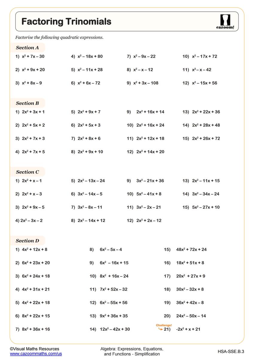 Printable 9th Grade Factoring Expressions Worksheets