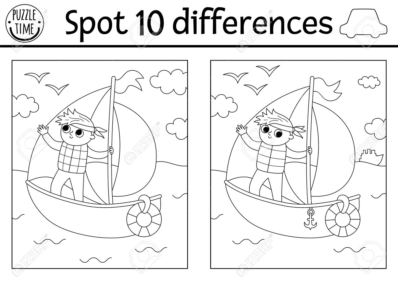 Find Differences Game For Children Transportation Black And White Activity With Sailboat Boy Captain Sailing In The Sea Cute Coloring Page For Kids With Water Transport Printable Worksheet Royalty Free SVG Cliparts