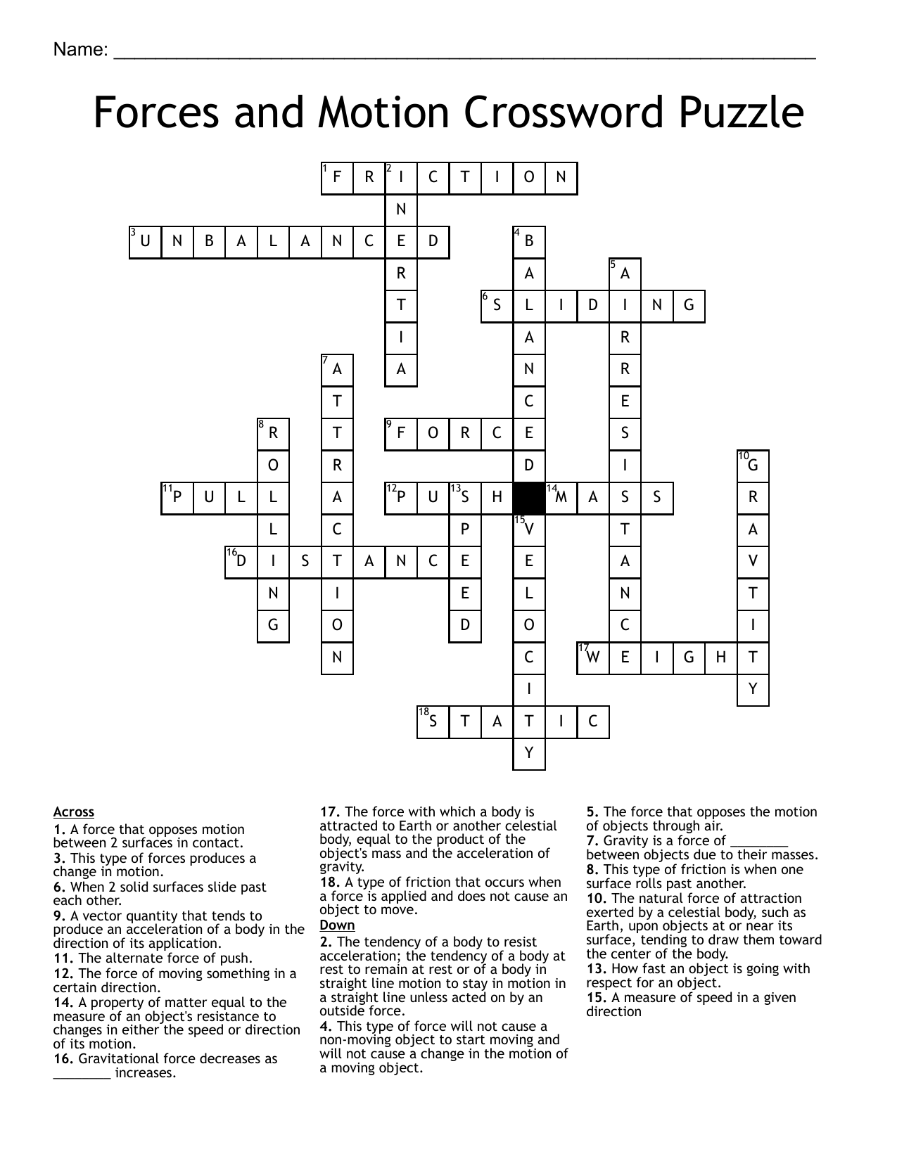 Forces And Motion Crossword Puzzle
