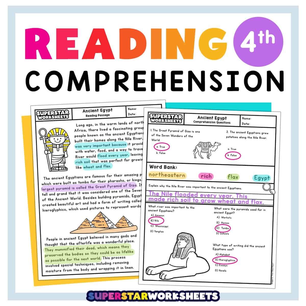 Fourth Grade Reading Comprehension Superstar Worksheets