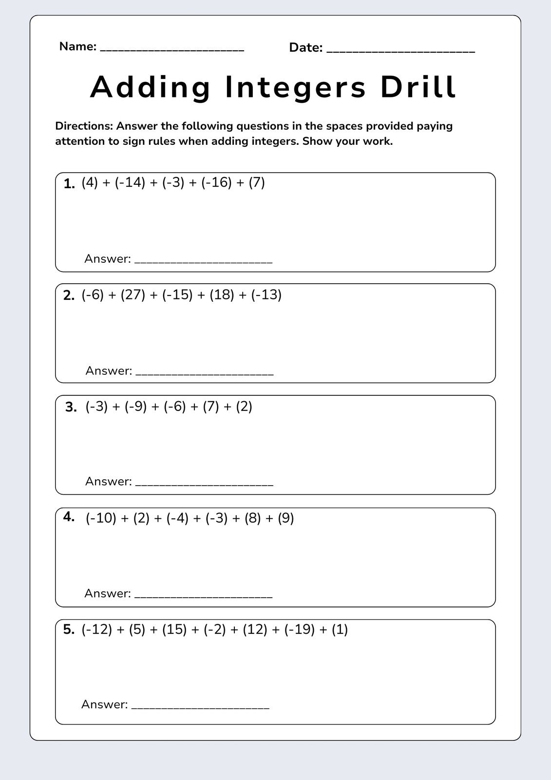 Operations With Integers Ten Minute Challenge Worksheet PDF Printable Number Operations Worksheet Cazoom Math