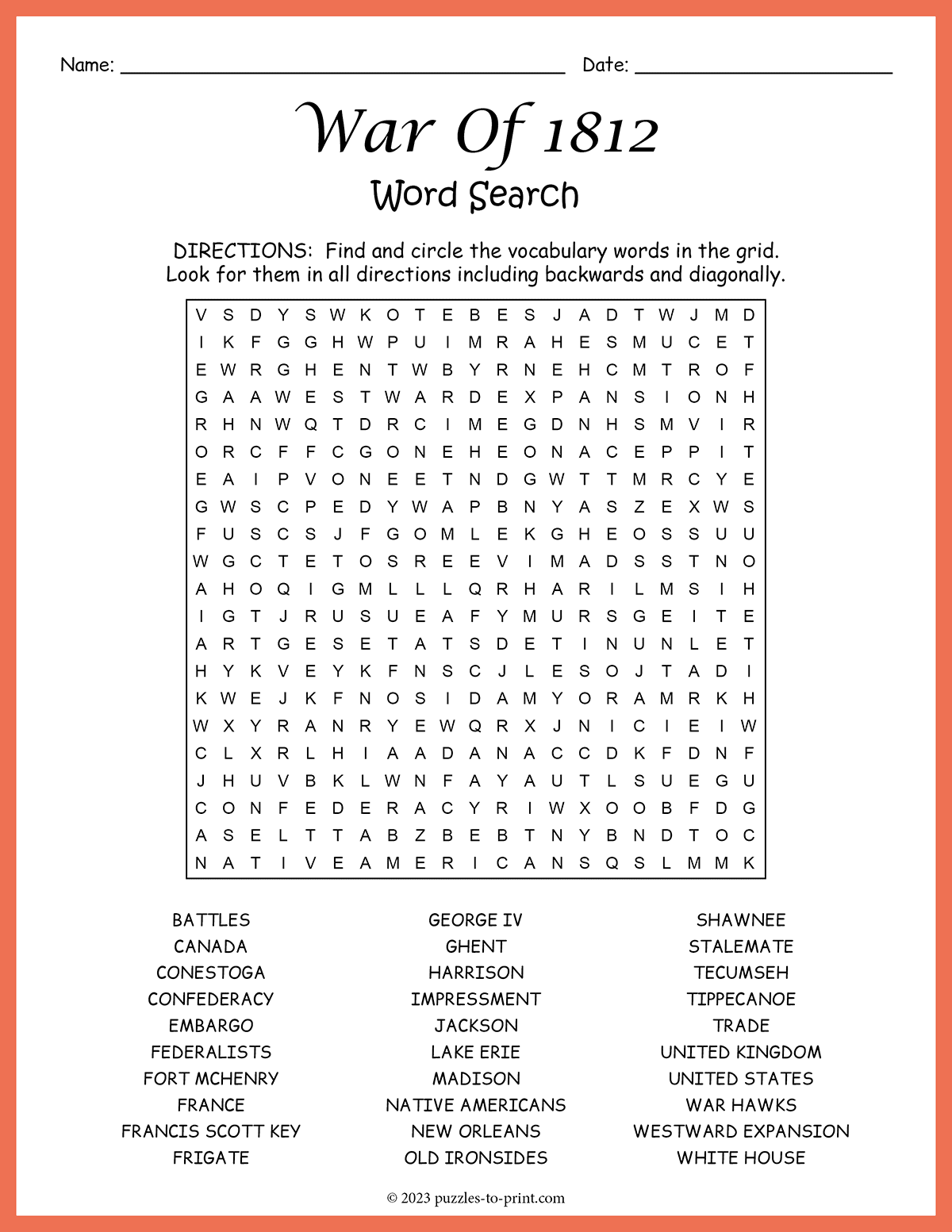 Free Printable War Of 1812 Word Search War Of 1812 Crossword WordMint