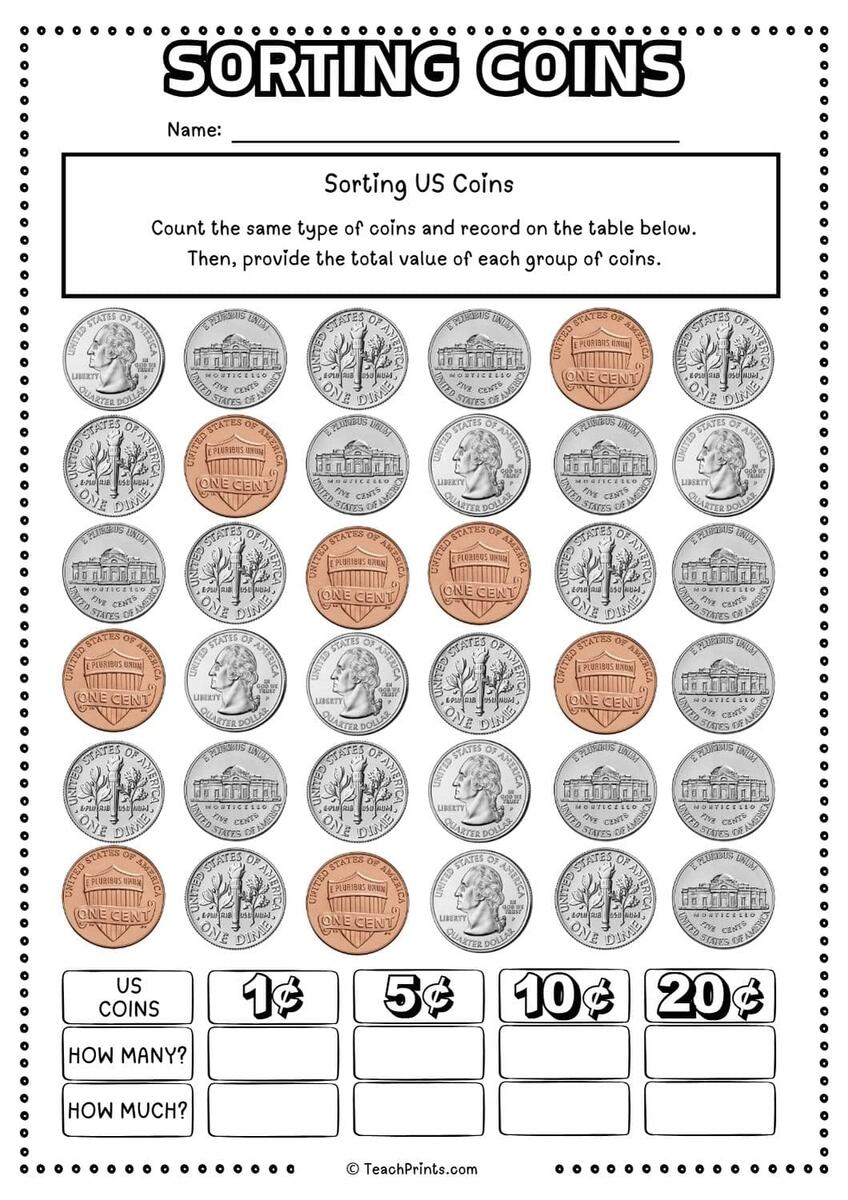 Free Identify Coins Worksheets For Kindergarten