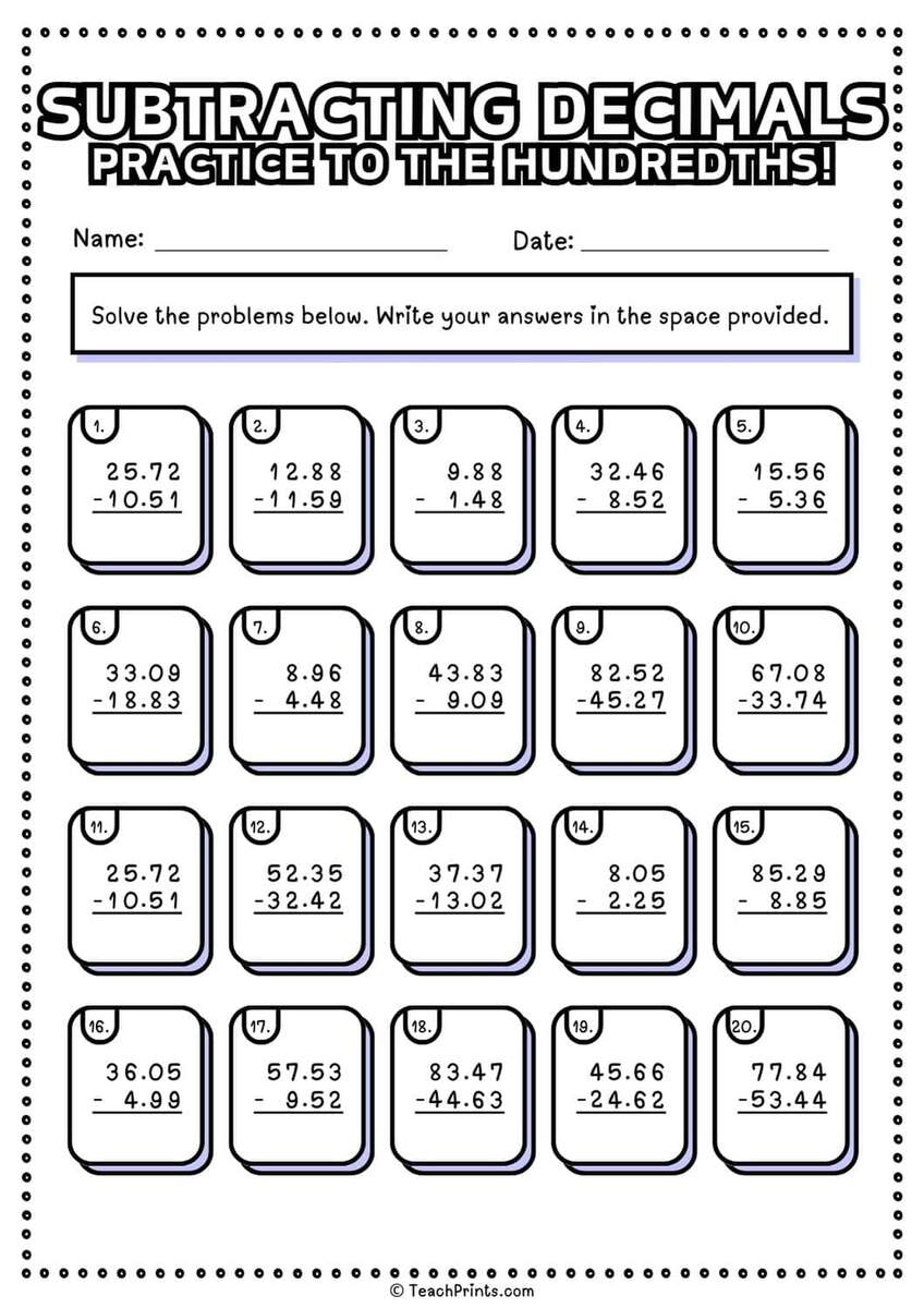 Free Printable Subtracting Decimals Worksheets PDFs Brighterly