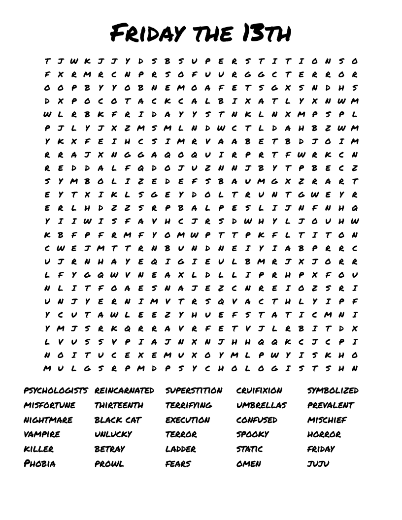Friday The Thirteenth Word Search WordMint