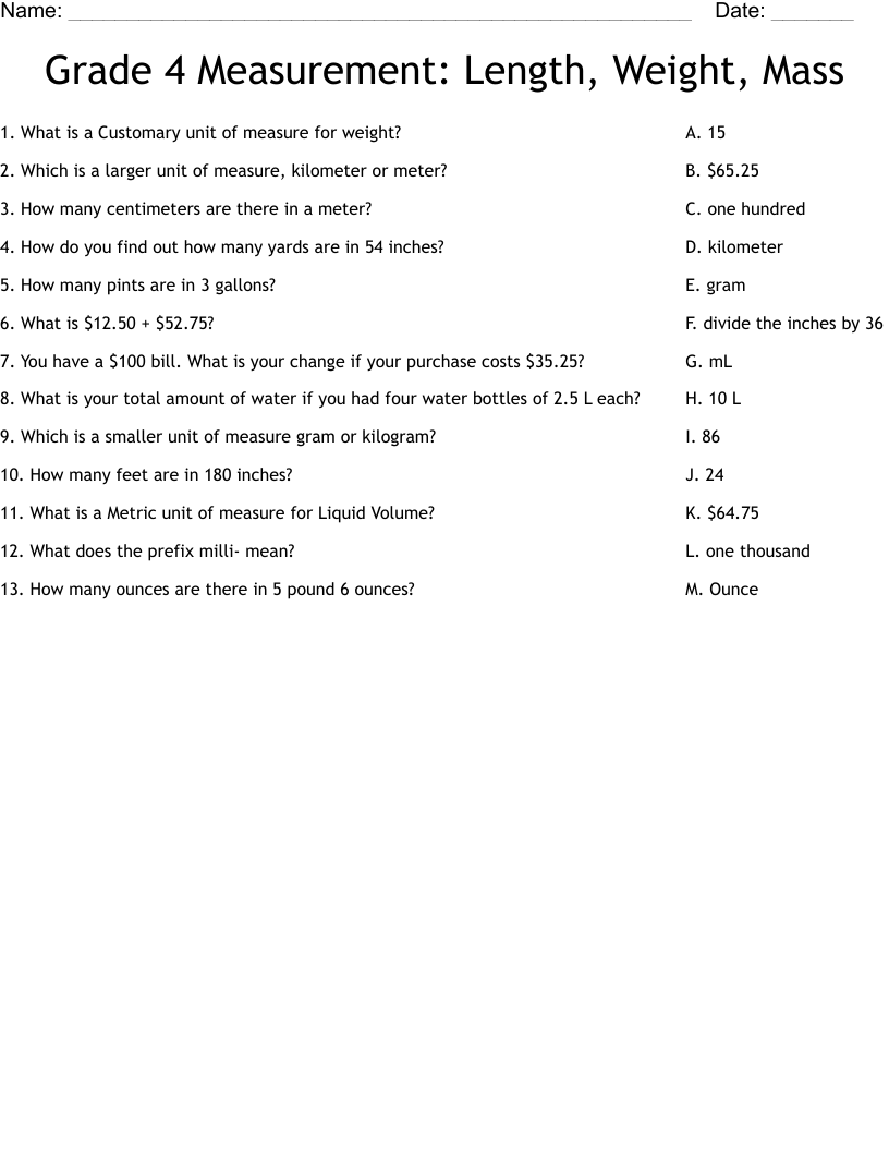 Grade 4 Measurement Length Weight Mass Worksheet WordMint