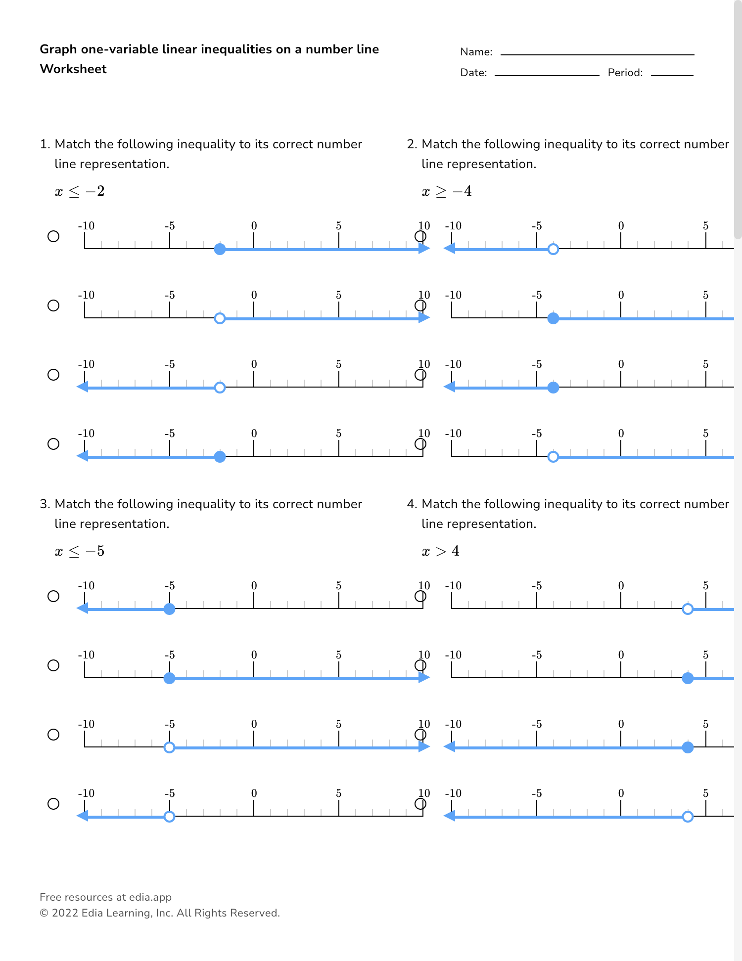 Graph One Variable Linear Inequalities On A Number Line Worksheet