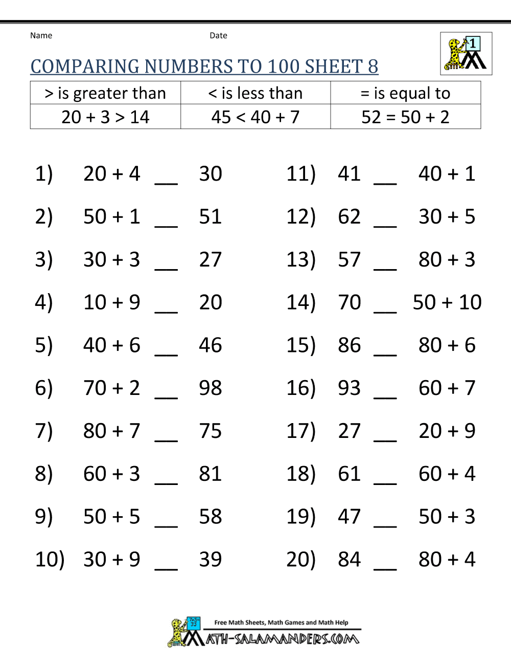Greater Than Less Than Worksheet Comparing Numbers To 100 Greater Than Less Than Worksheet Comparing Numbers To 100