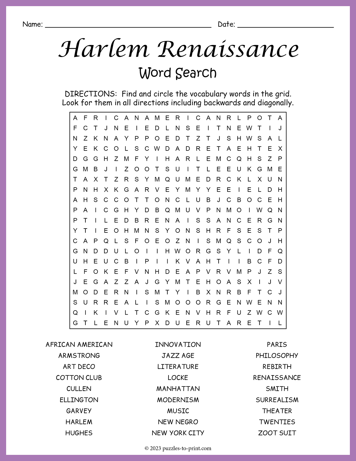 Harlem Renaissance Crossword WordMint