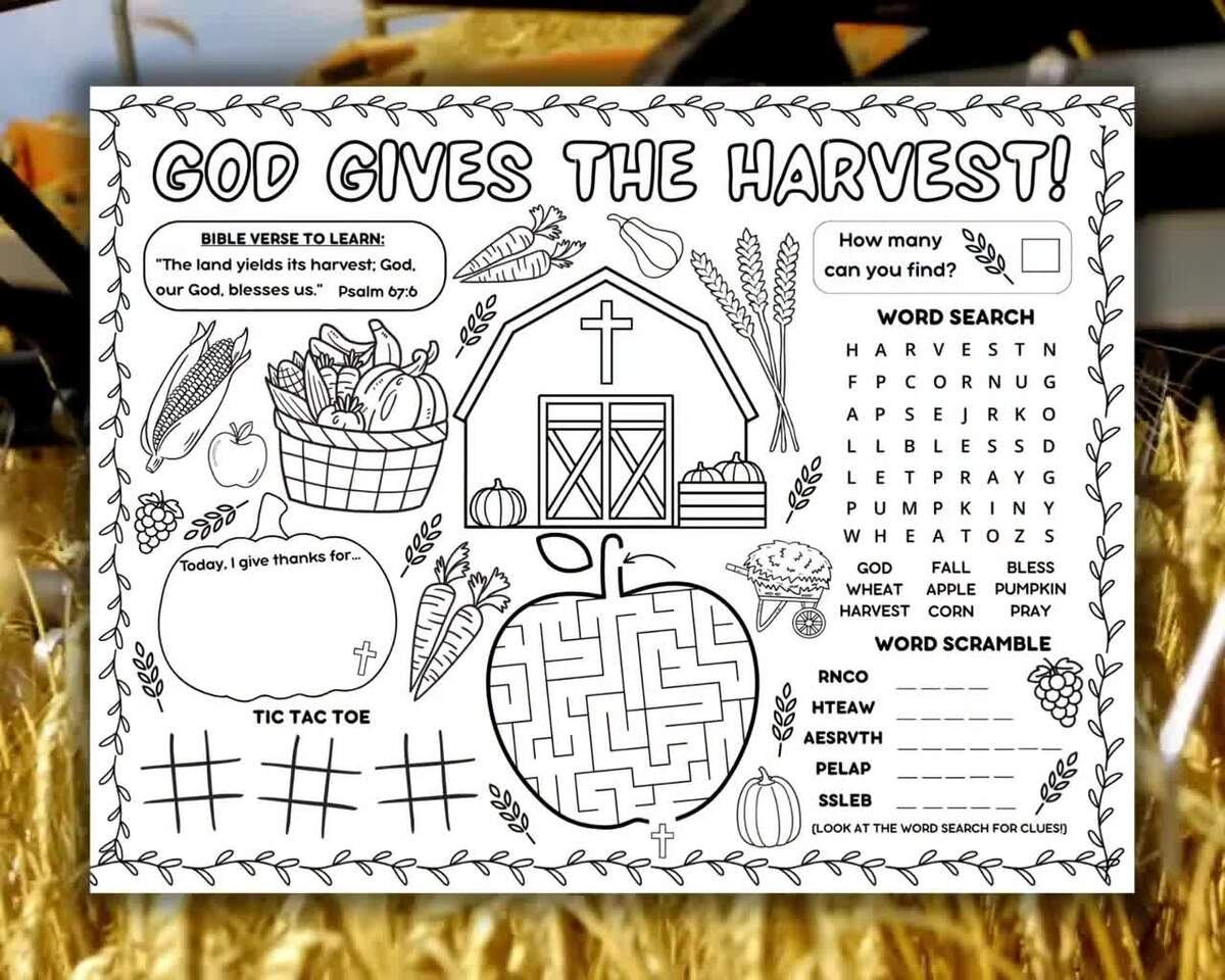 Harvest Bible Activity Placemat Christian Printable Coloring Page Sunday School Games Children S Church Homeschool Craft Bible Verse Etsy
