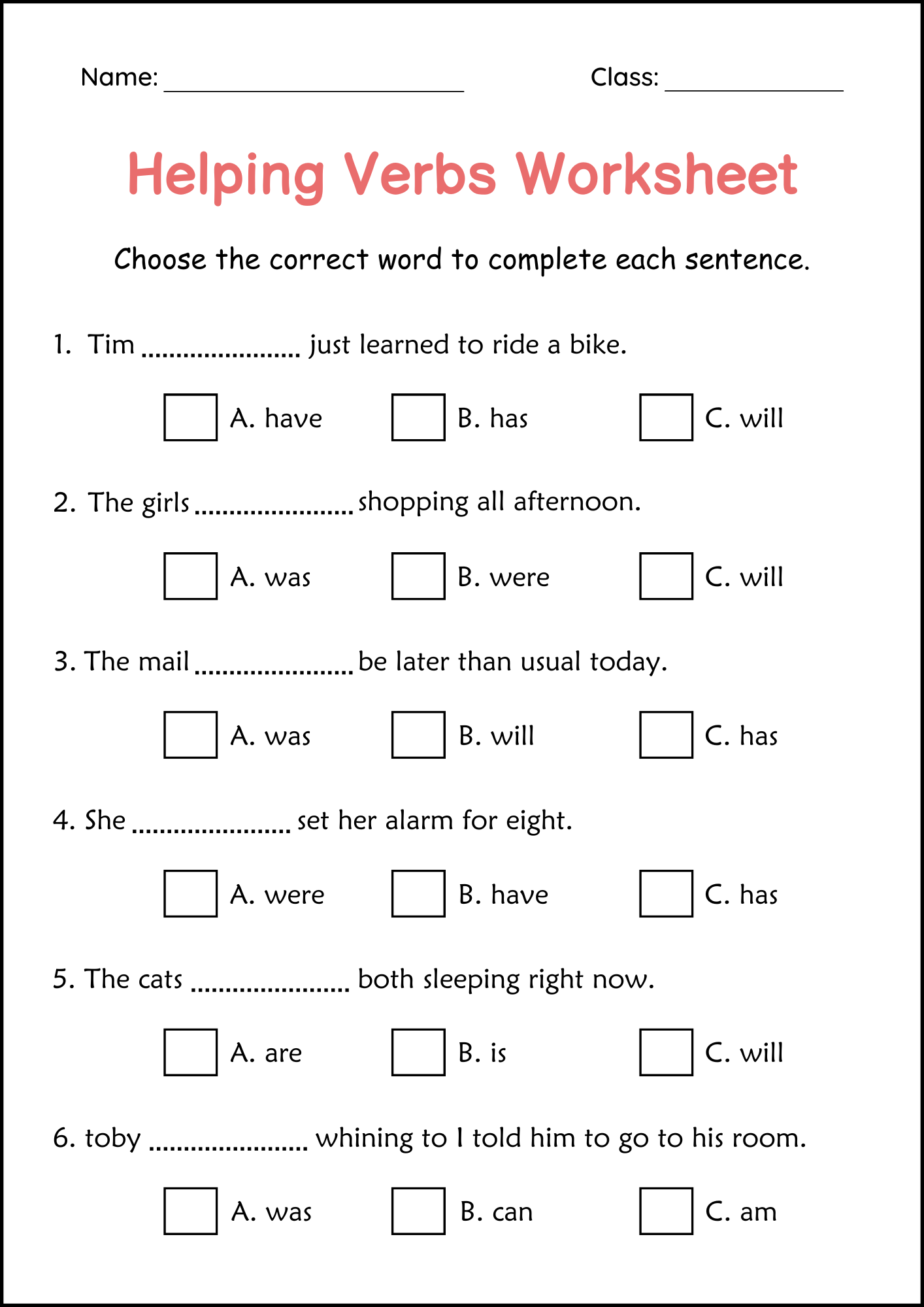 Helping Verbs Grammar Practice Worksheet For Grade 1 Auxiliary Verbs Made By Teachers
