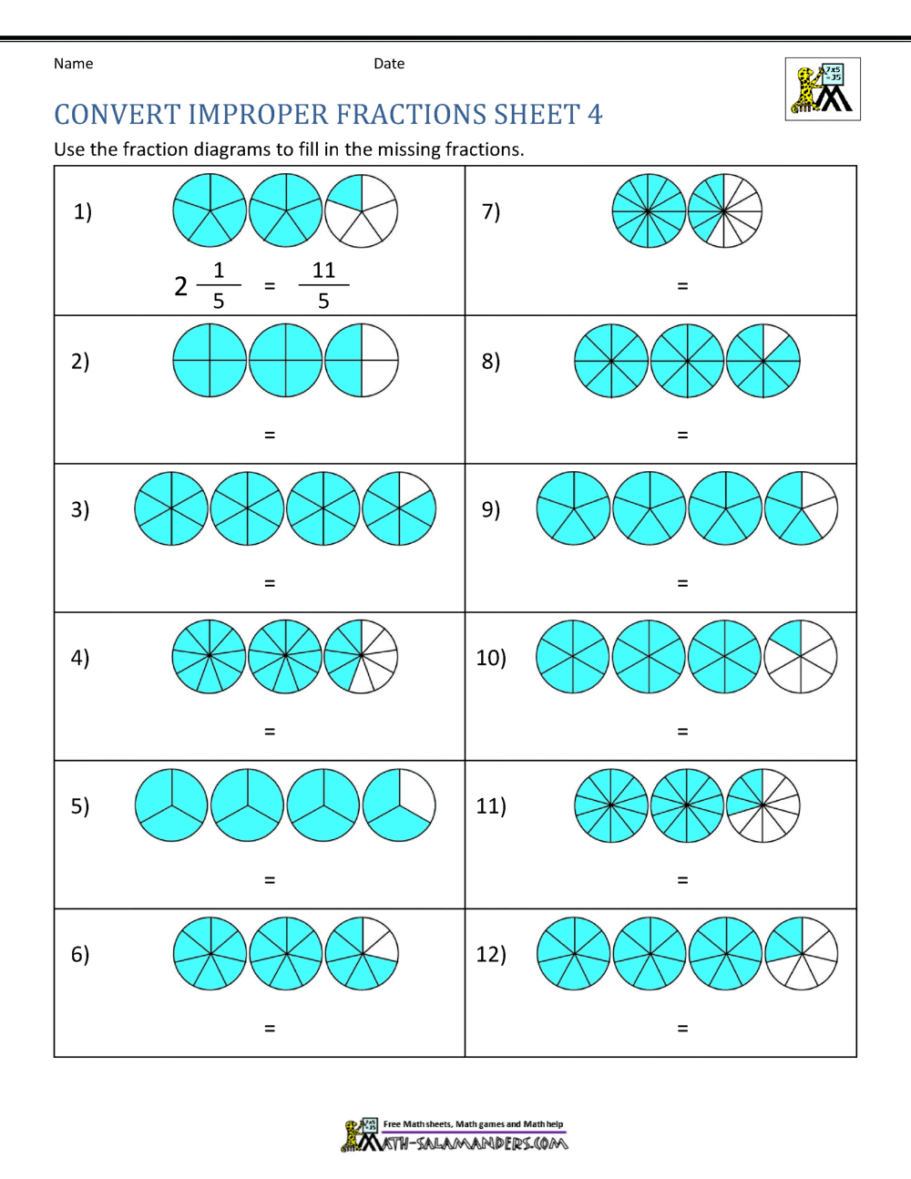 Improper Fraction Worksheets Improper Fraction Worksheets