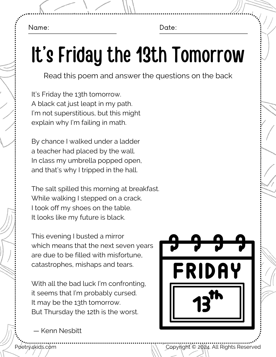 It S Friday The 13th Tomorrow Kenn Nesbitt S Poetry4kids