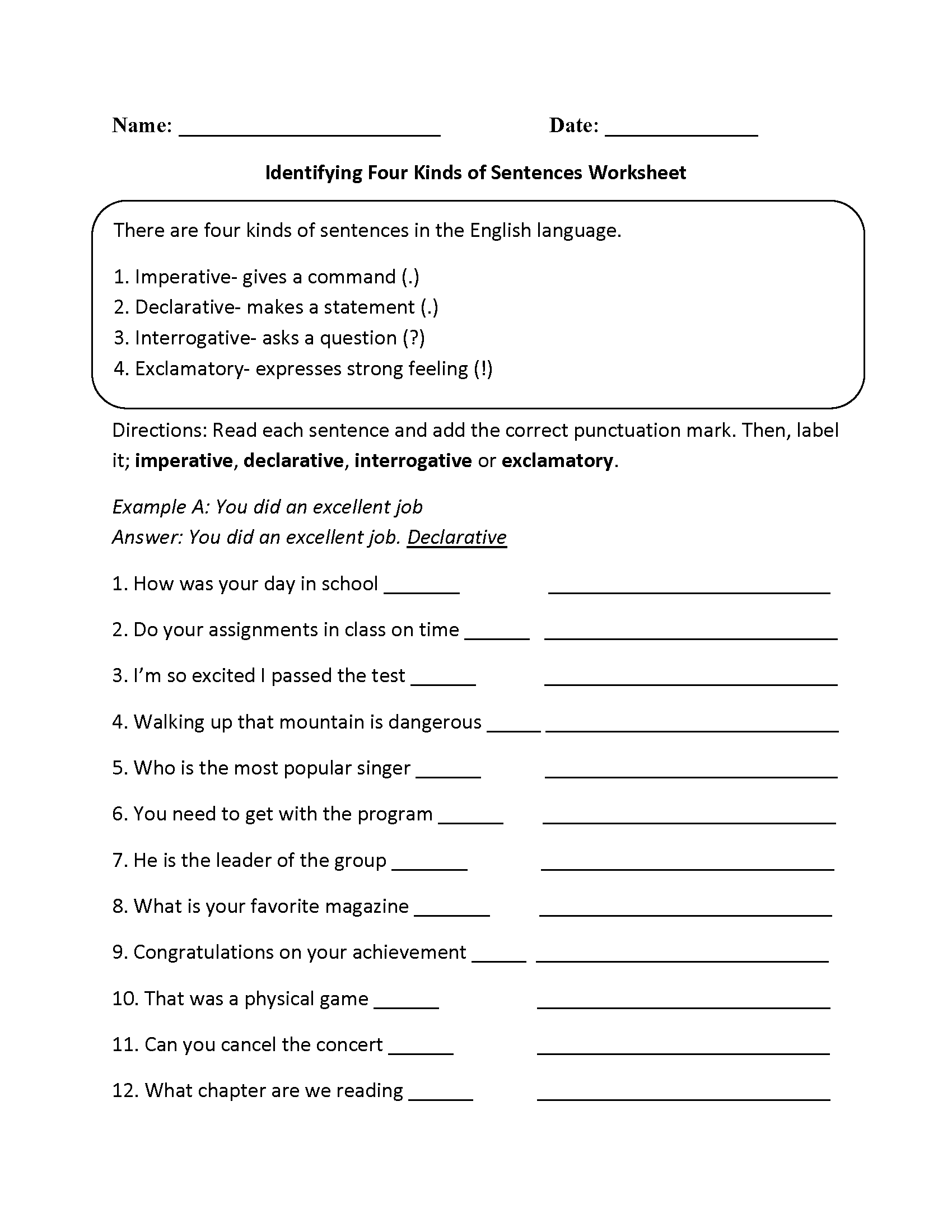 Kinds Of Sentences Worksheets Practicing Four Kinds Of Sentences Worksheet Types Of Sentences Worksheets Declarative Interrogative Imperative Teaching Resources