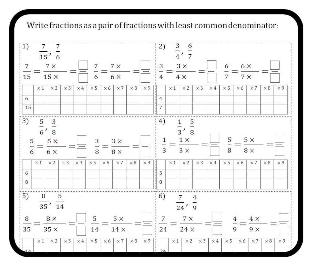 Least Common Denominator Worksheets Math Grades 4 6 Printable PDF Etsy