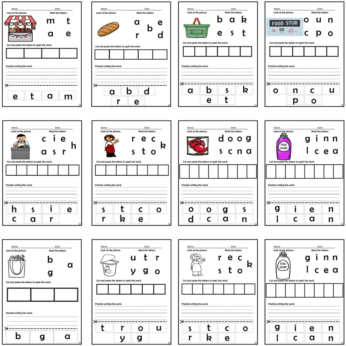 Life Skills Grocery Store Worksheets Grocery Spelling Words Task Cards Job Skills Education Printables Special Education Life Skills World Job Training Task Cards Homeschool Autism Spelling WS Classful