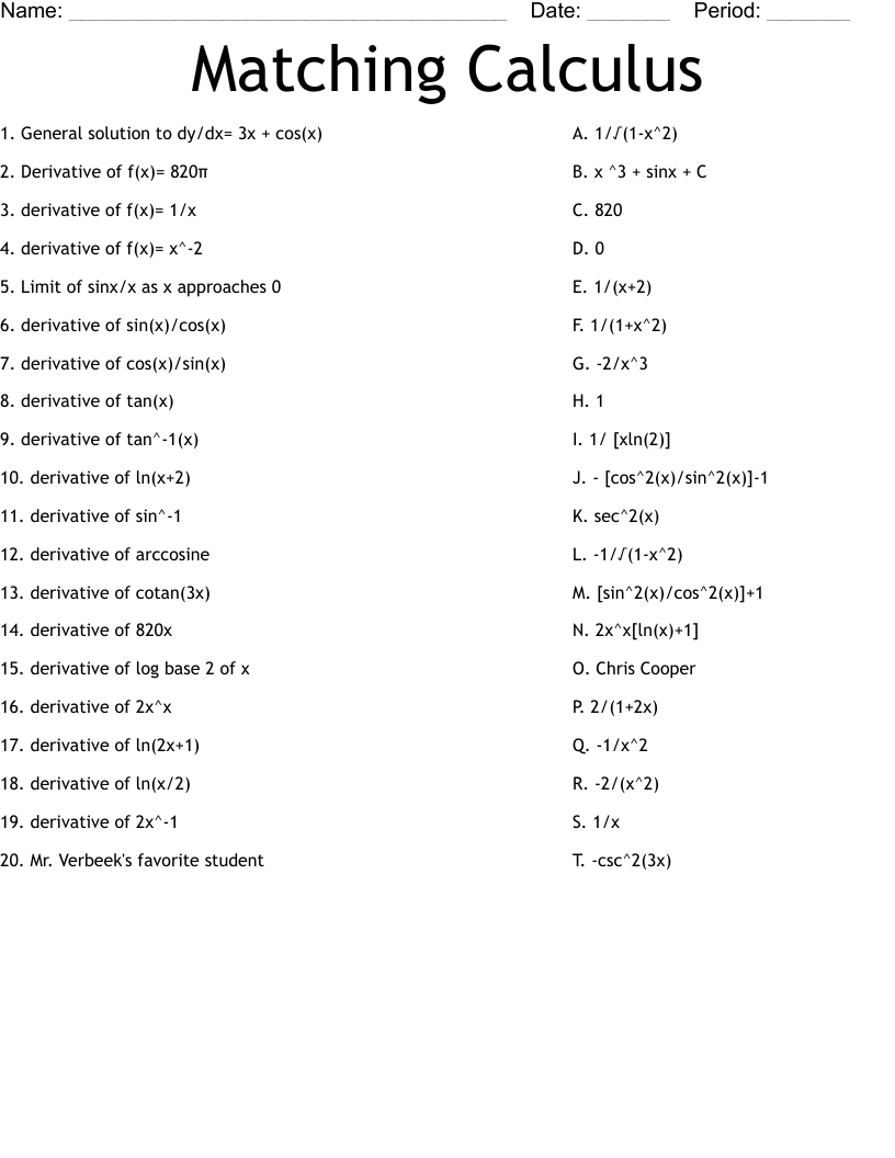 Matching Calculus Worksheet WordMint Matching Calculus Worksheet WordMint