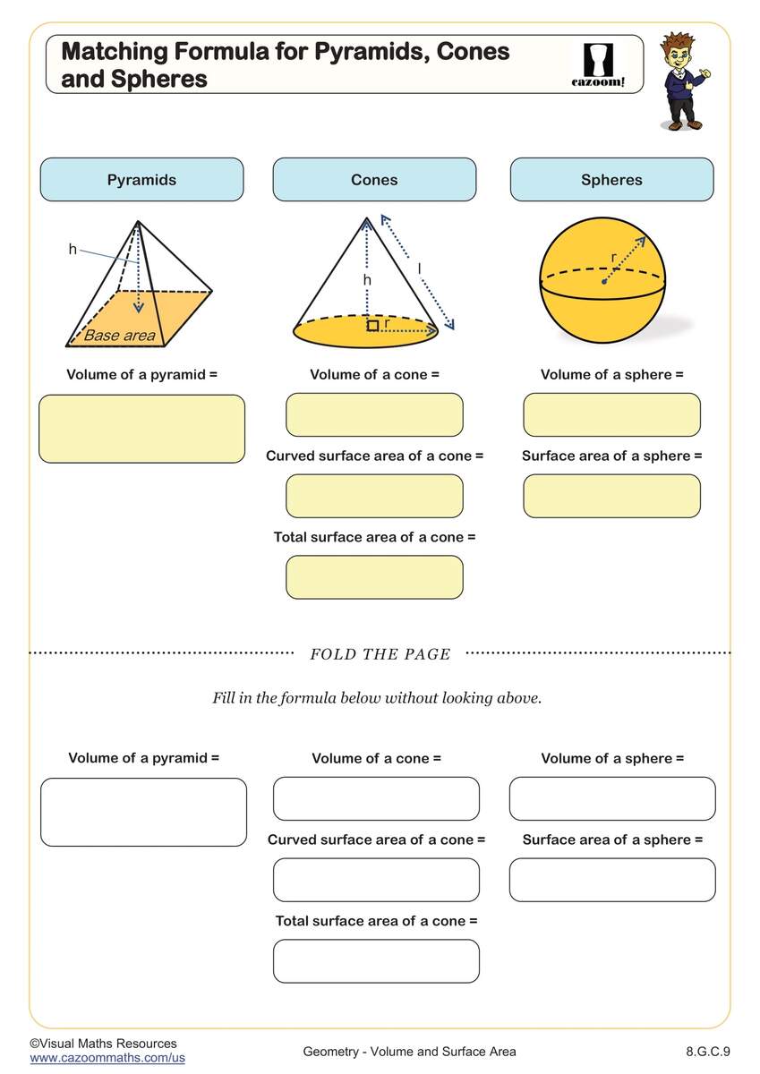 Matching Formulas For Pyramids Cones And Spheres Worksheet 8th Grade PDF Worksheets Cazoom Math