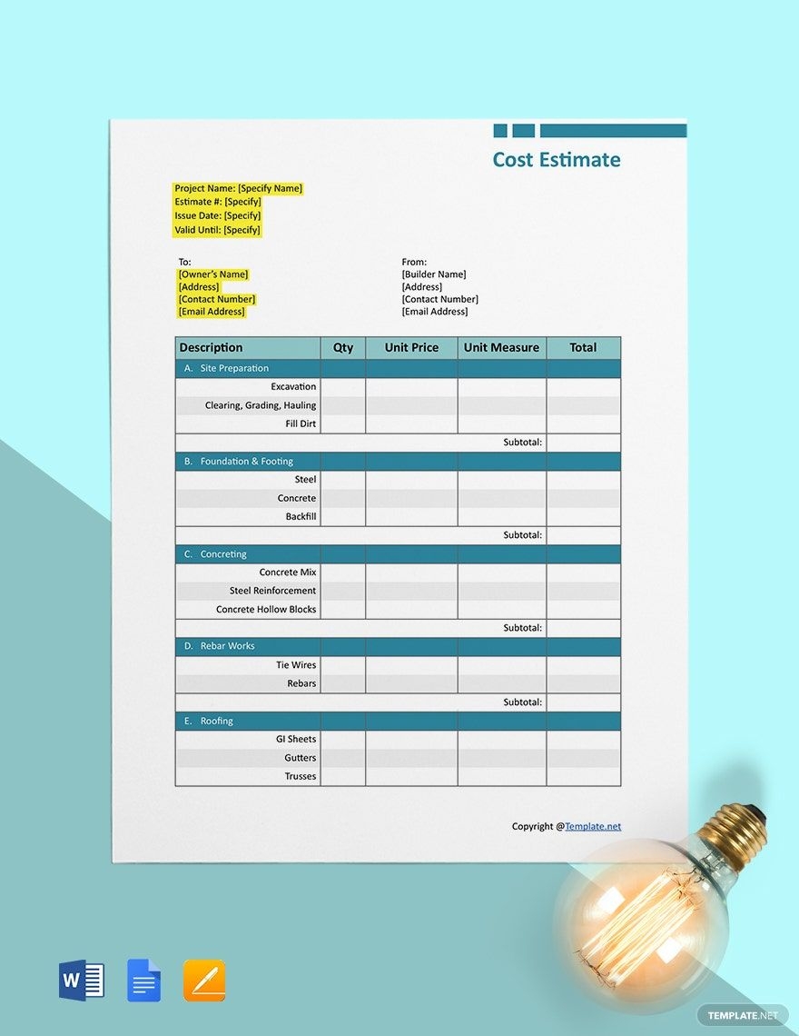 Modern Construction Estimate Template In Word Pages Google Docs Download Template