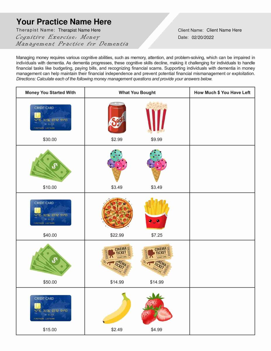 Money Management For Dementia Worksheet PDF TherapyByPro