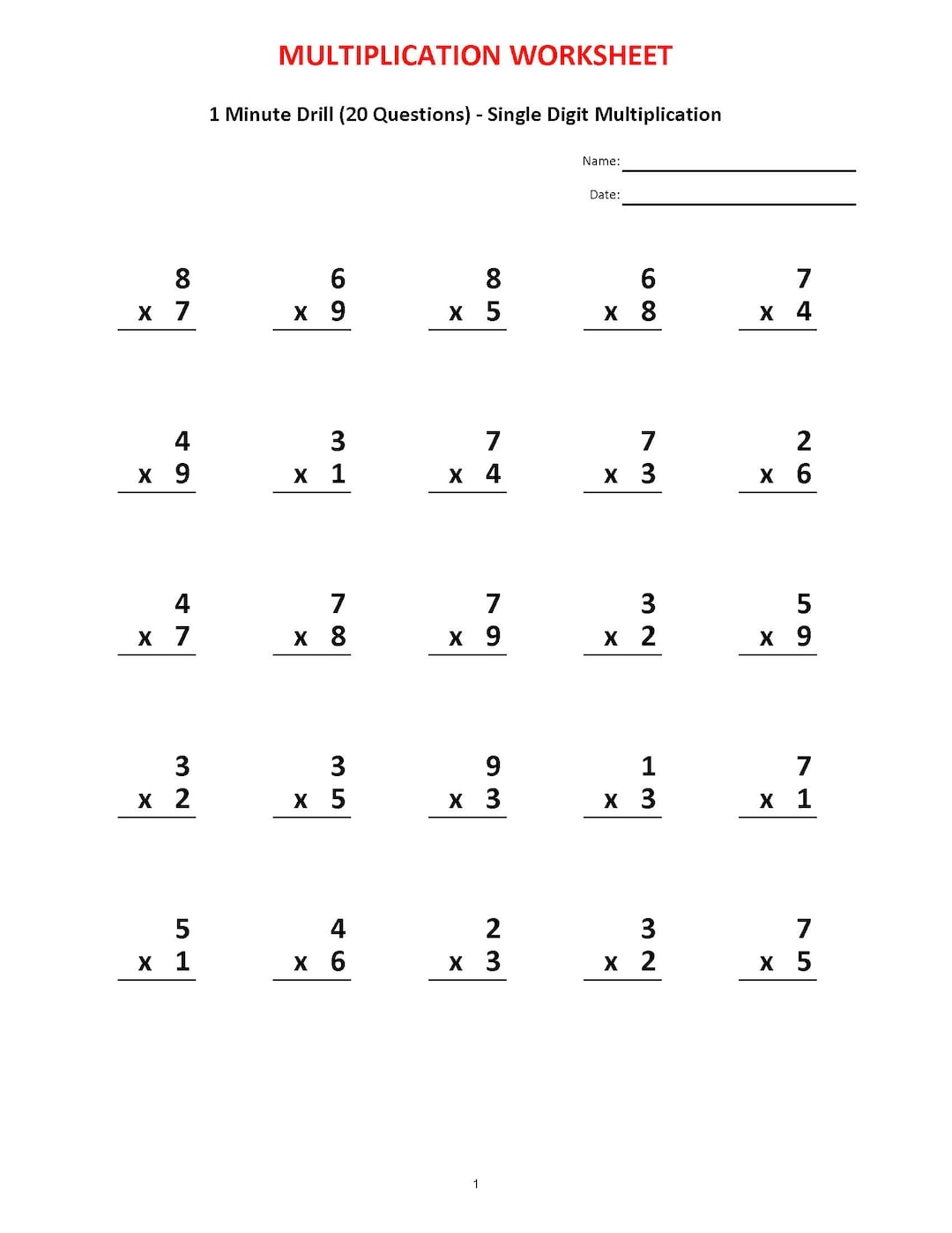 Multiplication 1 Minute Drill 10 Math Worksheets With Answers PDF Etsy