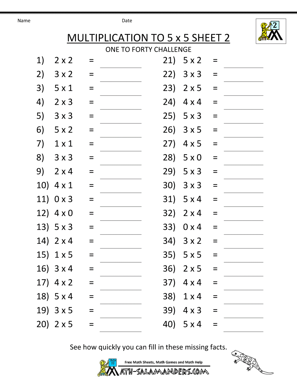 Multiplication To 5x5 Worksheets For 2nd Grade Multiplication Facts Worksheets Mamas Learning Corner