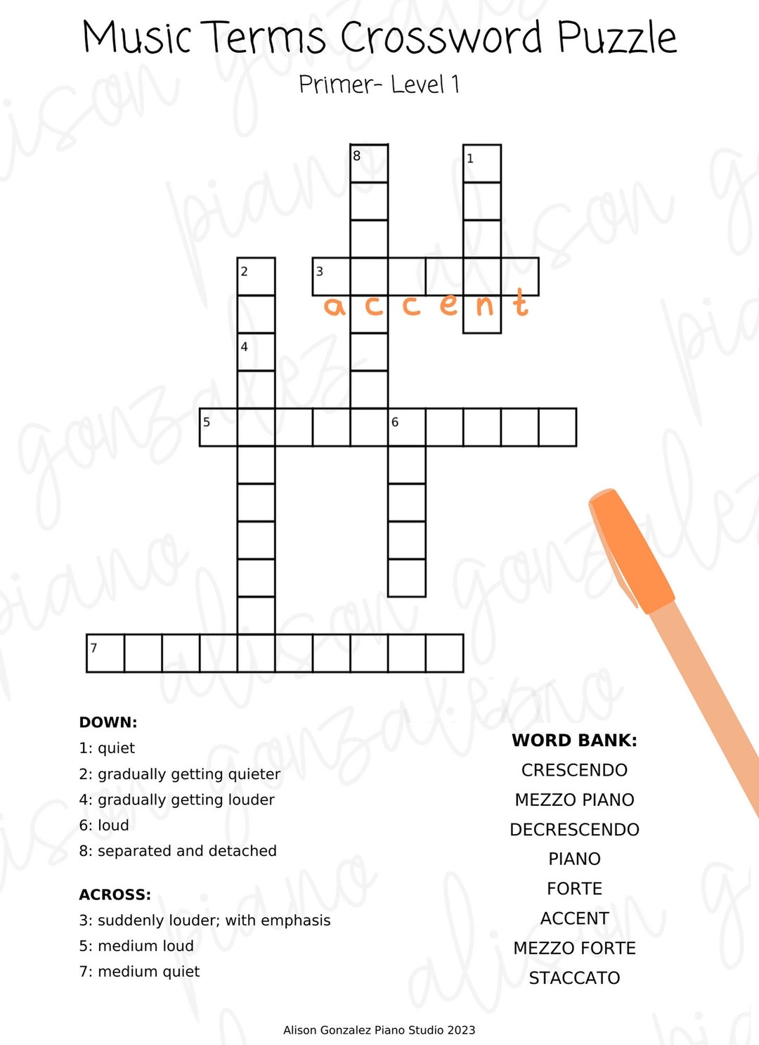 Music Crossword Puzzle Beginner Piano Lesson Activity Digital Download Etsy