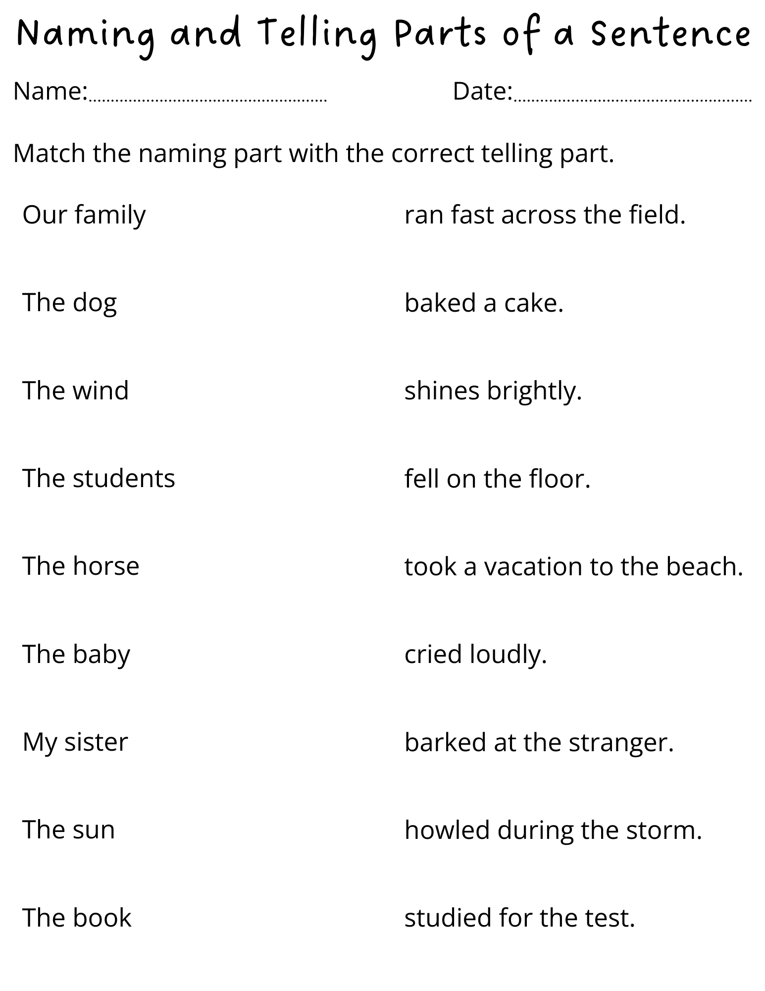 Naming Part And Telling Part Of A Sentence Worksheets Made By Teachers