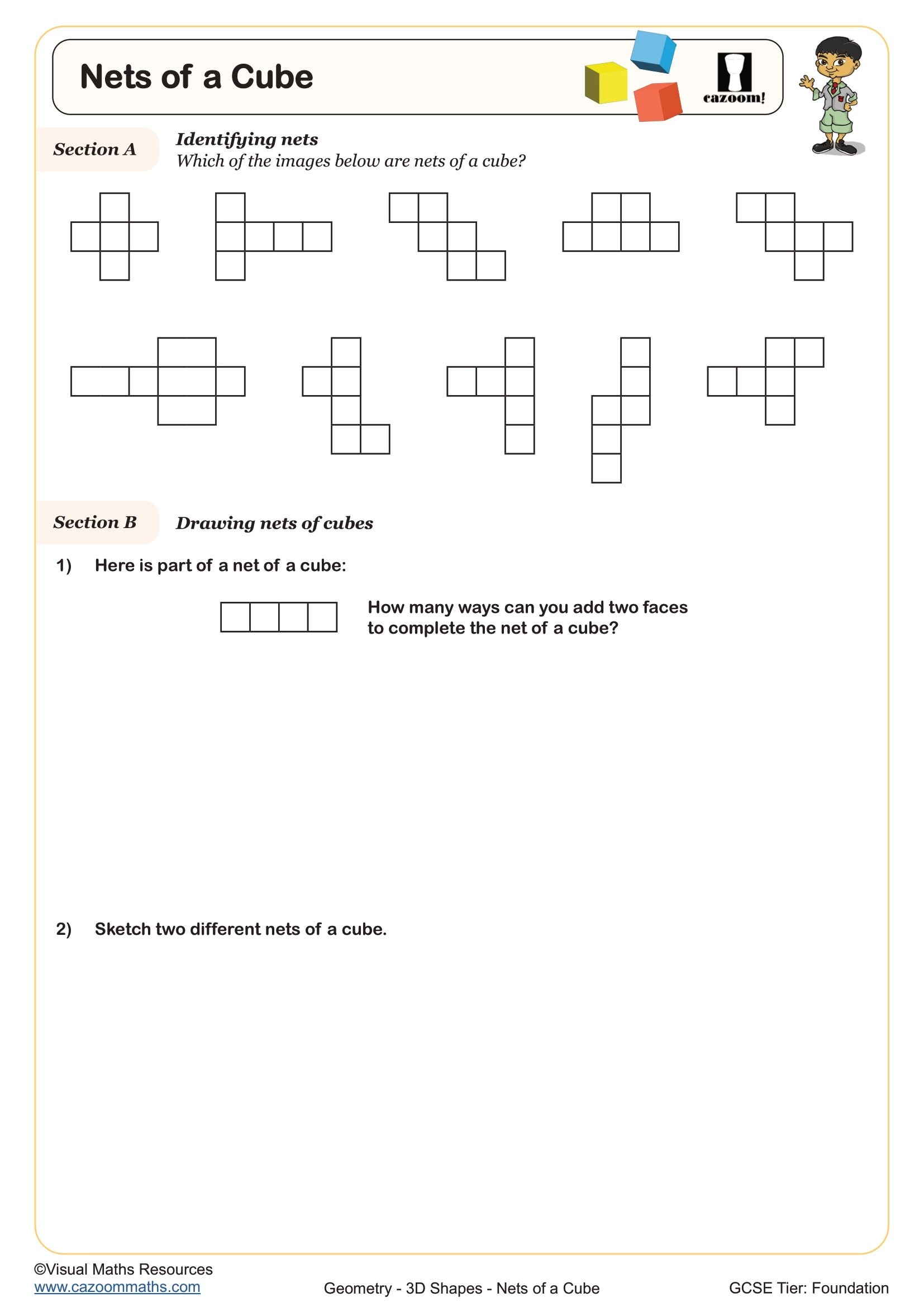 Nets Of A Cube Worksheet Printable PDF Year 7 And Year 8 Geometry Worksheet