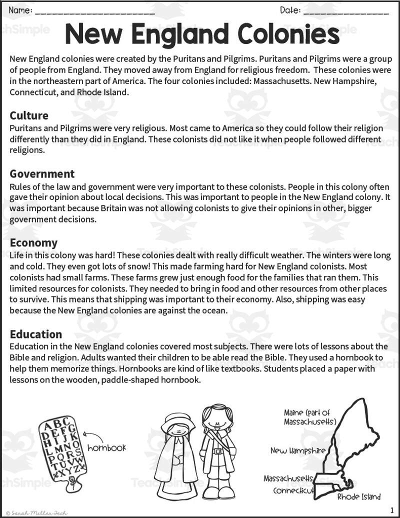 New England Colonies Reading Packet By Teach Simple