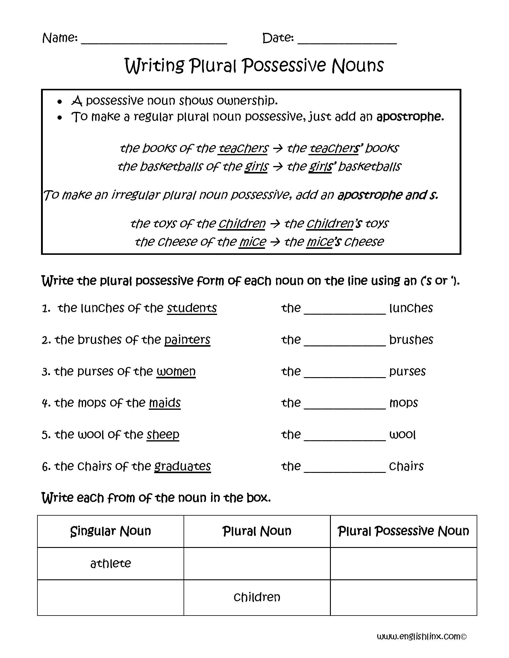 Possessive Nouns Worksheets Plural Possessive Nouns Worksheets