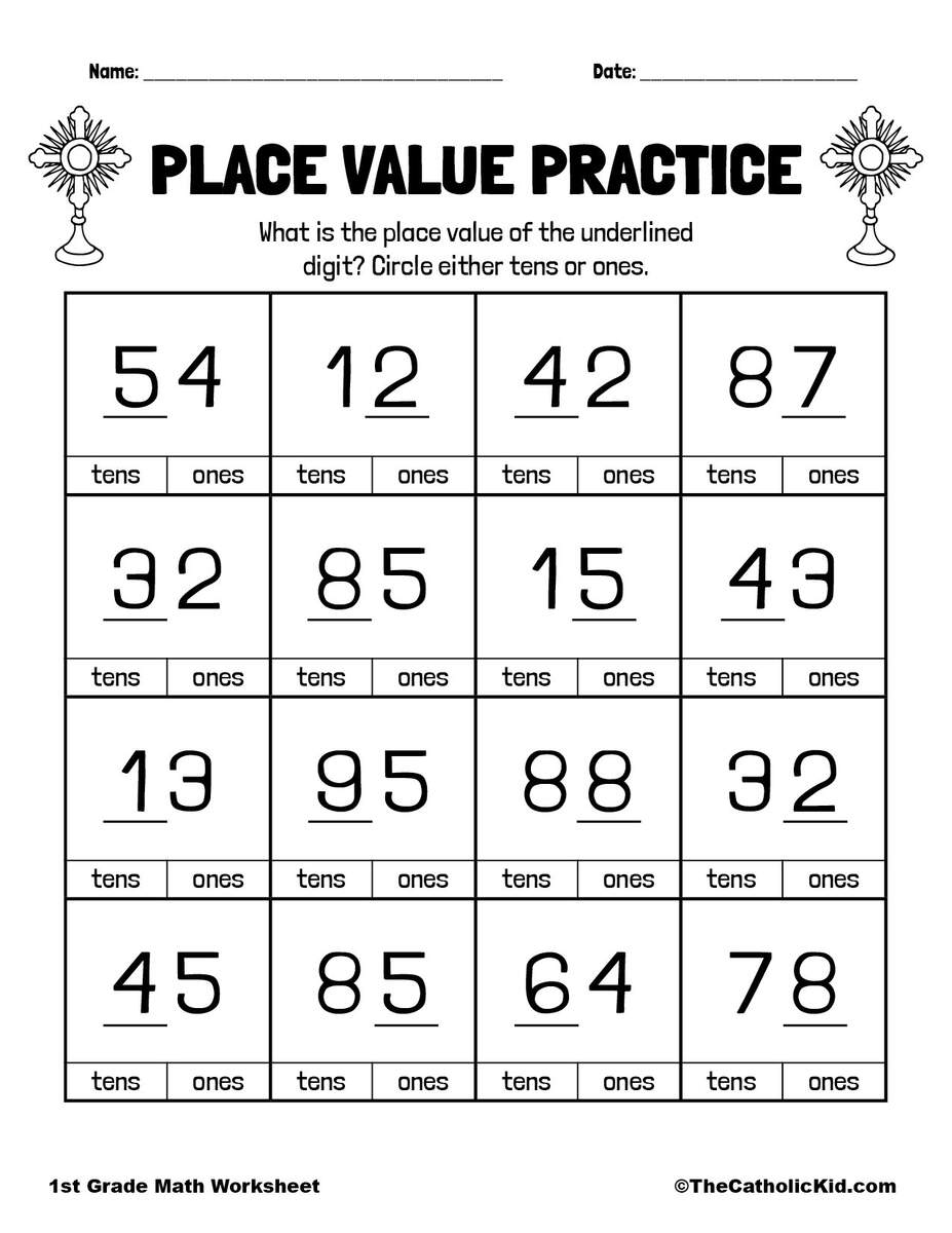 Number Place Values 1st Grade Math Worksheet Catholic TheCatholicKid Place Value Worksheets For Kindergarten