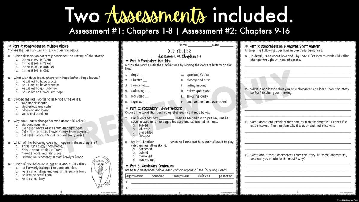 Old Yeller Novel Study Unit Literature Guide Comprehension Worksheets ELA Homeschool Reading Activities Unit Study Printables Etsy