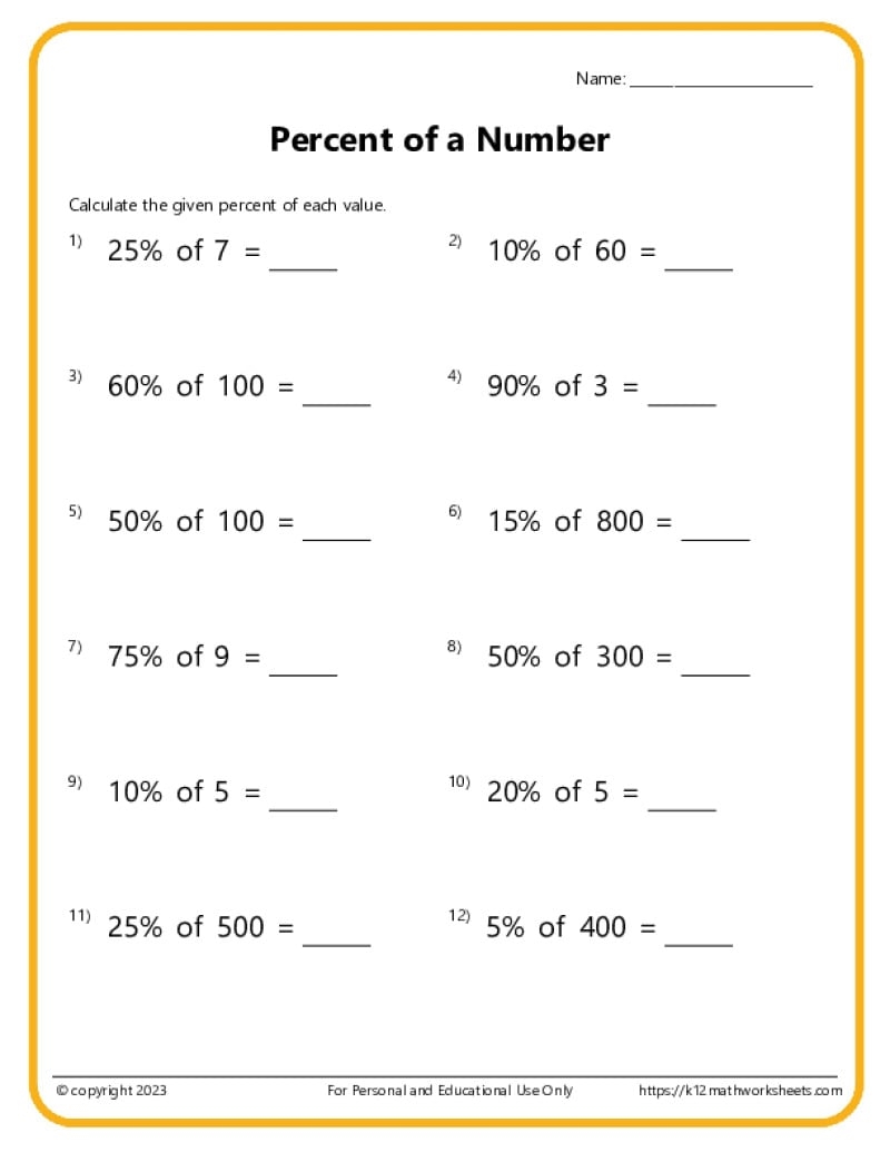 Percent Of A Number Worksheets Percent Of A Number Worksheets