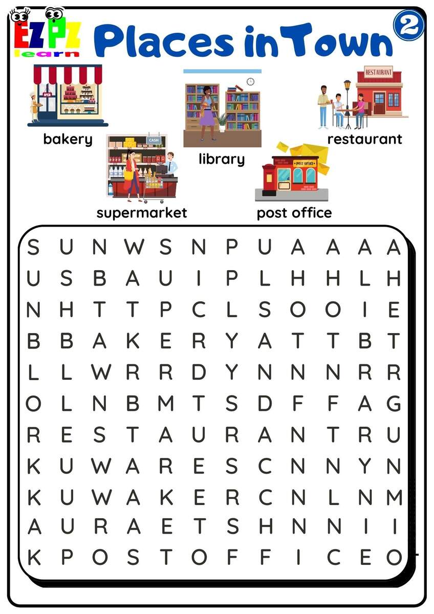 Places In Town Easy Word Search Worksheet Free Download For Parents And ESL Teachers Group 2 Ezpzlearn