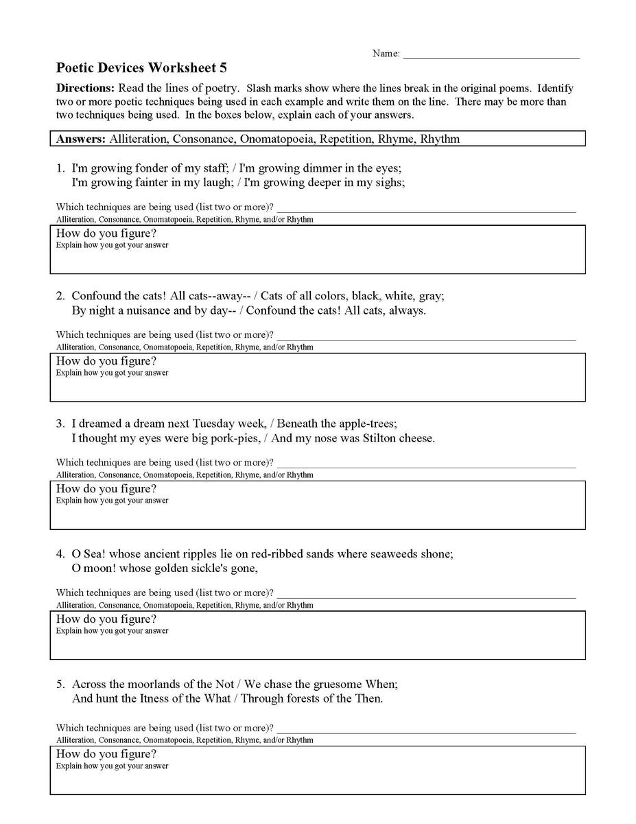 Poetic Devices Worksheets Activities Figurative Language