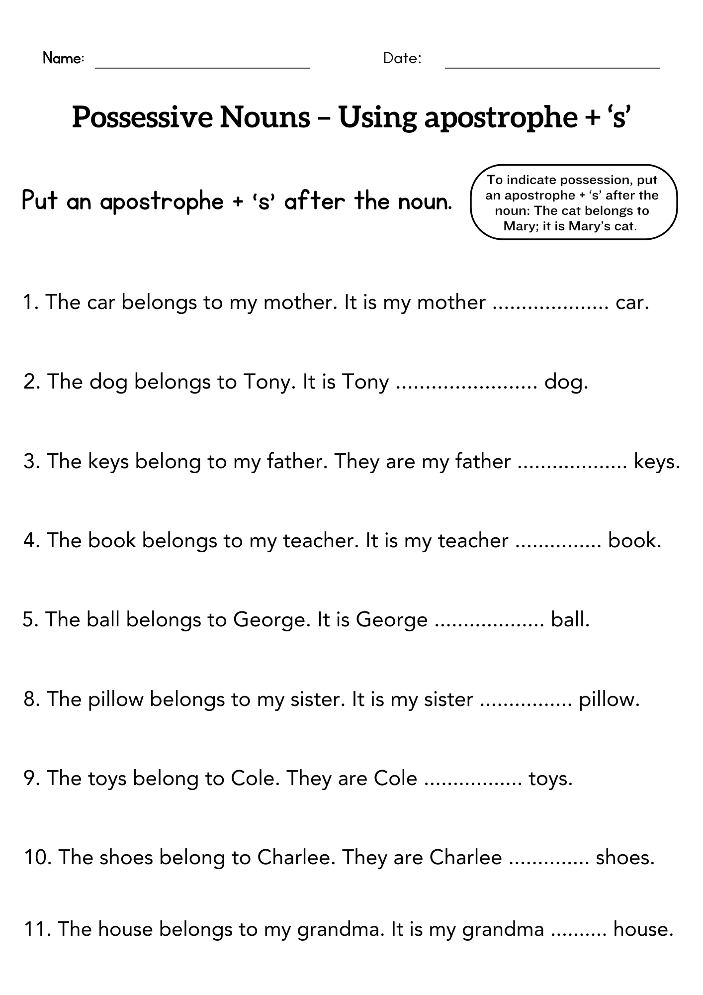 Possessive Nouns Worksheets Writing Singular Possessive Nouns Worksheets