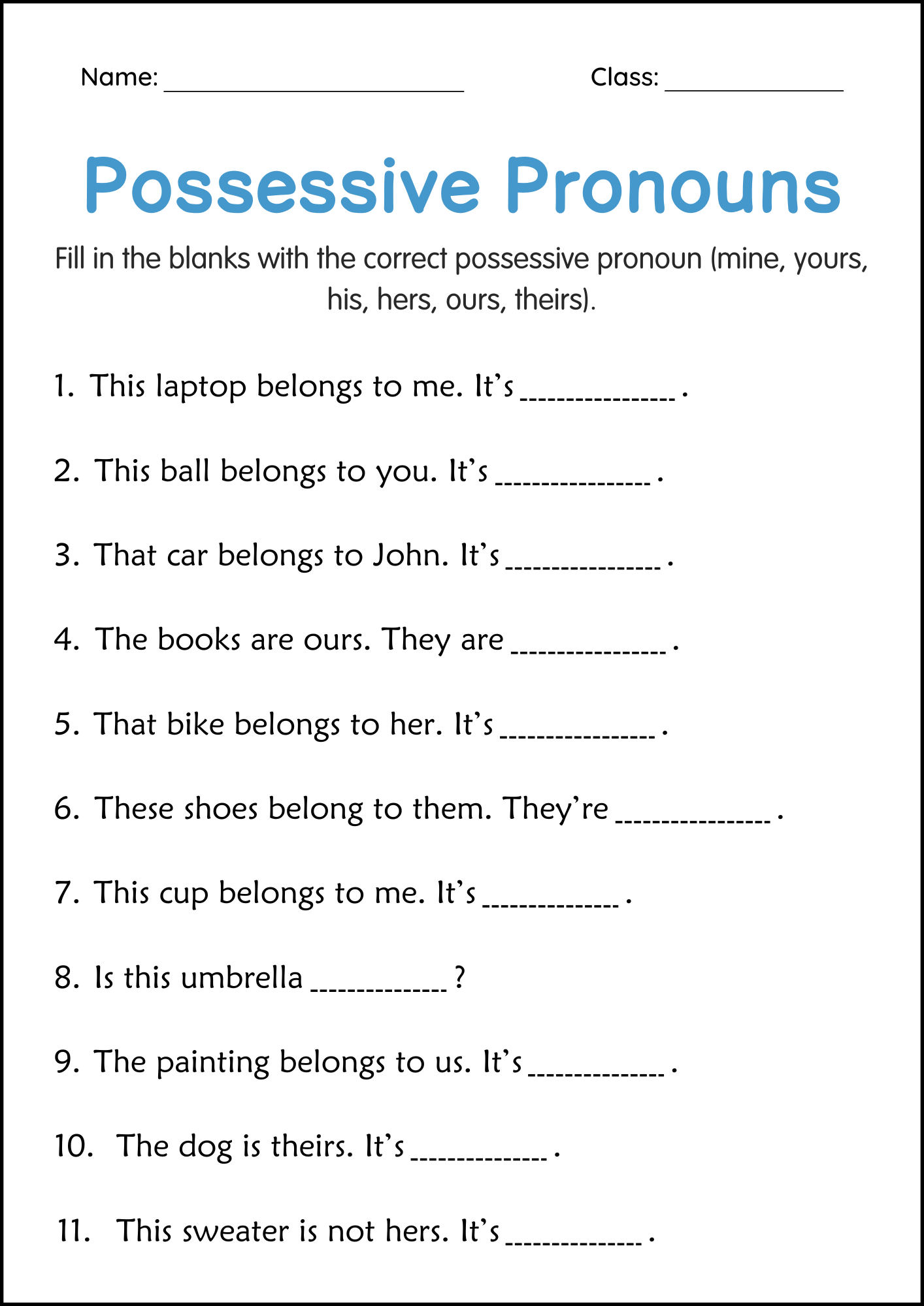 Possessive Pronouns Grammar Activity Worksheets For Grade 2 3 4 Made By Teachers