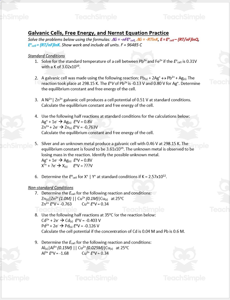Practice Galvanic Cells Free Energy And Nernst Equation By Teach Simple Practice Galvanic Cells Free Energy And Nernst Equation By Teach Simple