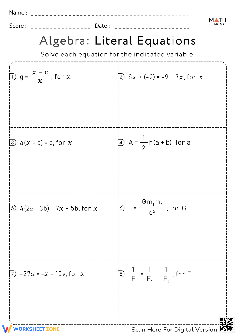 Printable 10th Grade Equations Fill In The Blanks Worksheets