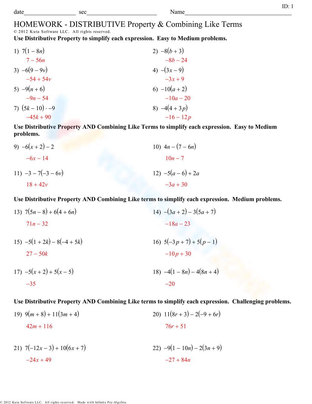 Printable 9th Grade Distributive Property Worksheets Combining Like Terms Worksheets