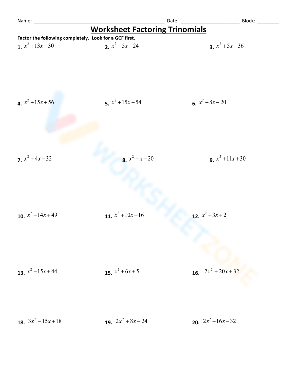 Printable 9th Grade Factoring Expressions Worksheets