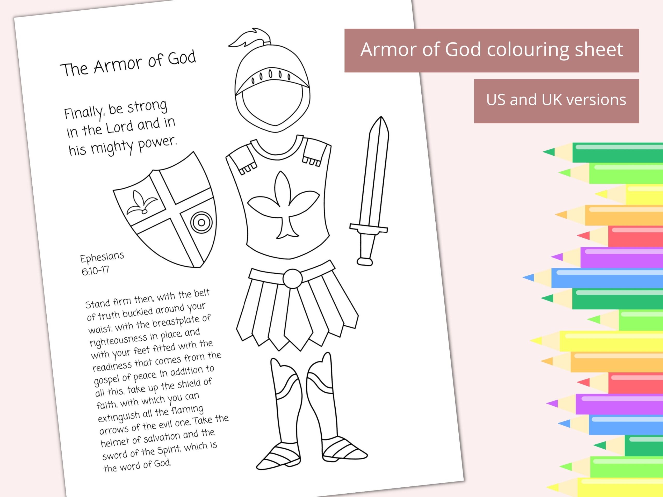 Printable Armor Of God Coloring Page Kids Bible Coloring Sunday School Activity Ephesians 6 Kids Bible Craft Etsy